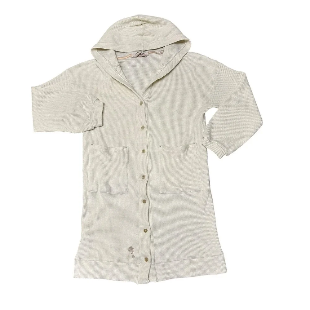 The Good Alma Womens Organic Cotton Waffle Knit Hooded Cardigan‎ Button-Front L